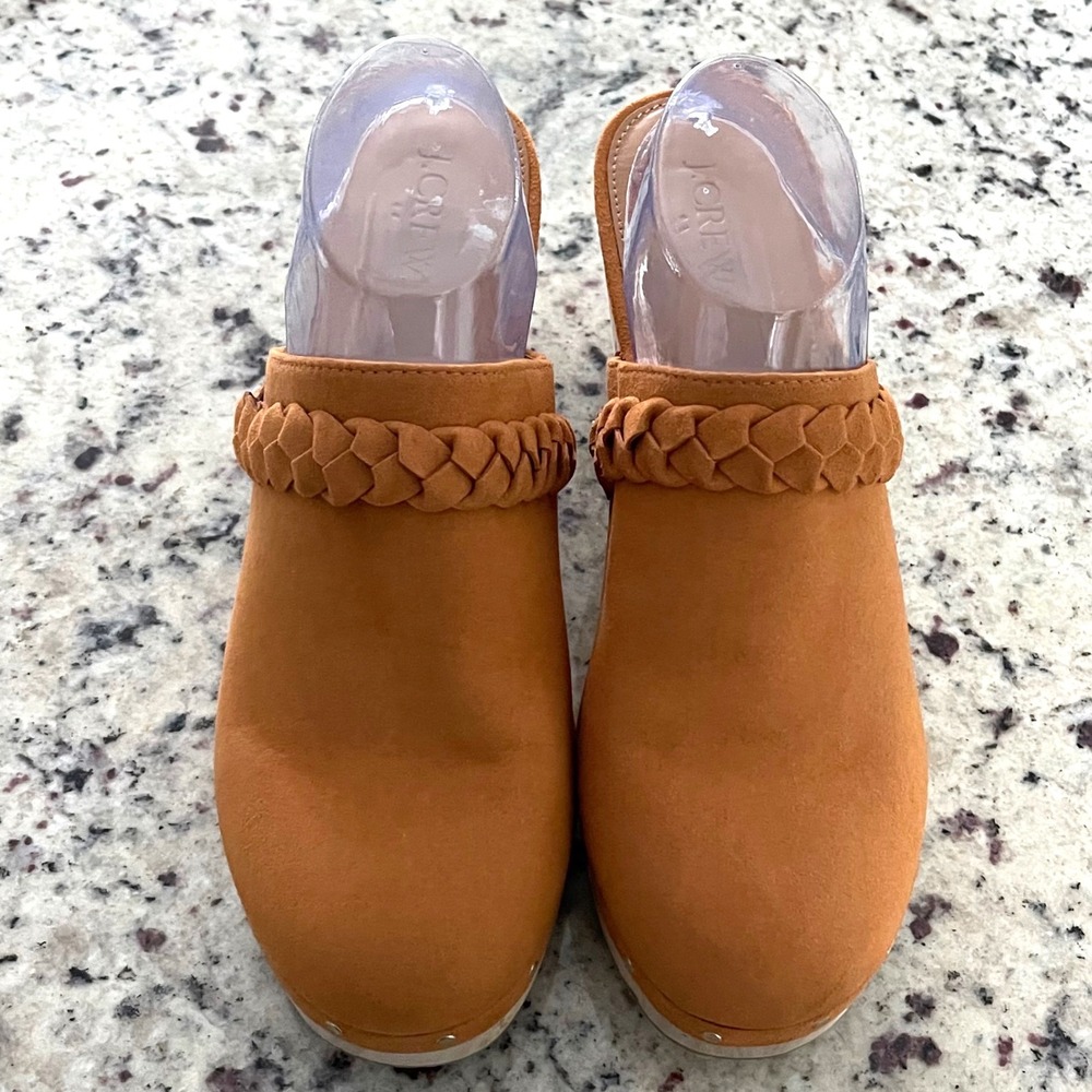 J.Crew Braided Clog Mules Tan Suede Wood‎ Platform Studded BJ249 Mens 9.5 NWOB
